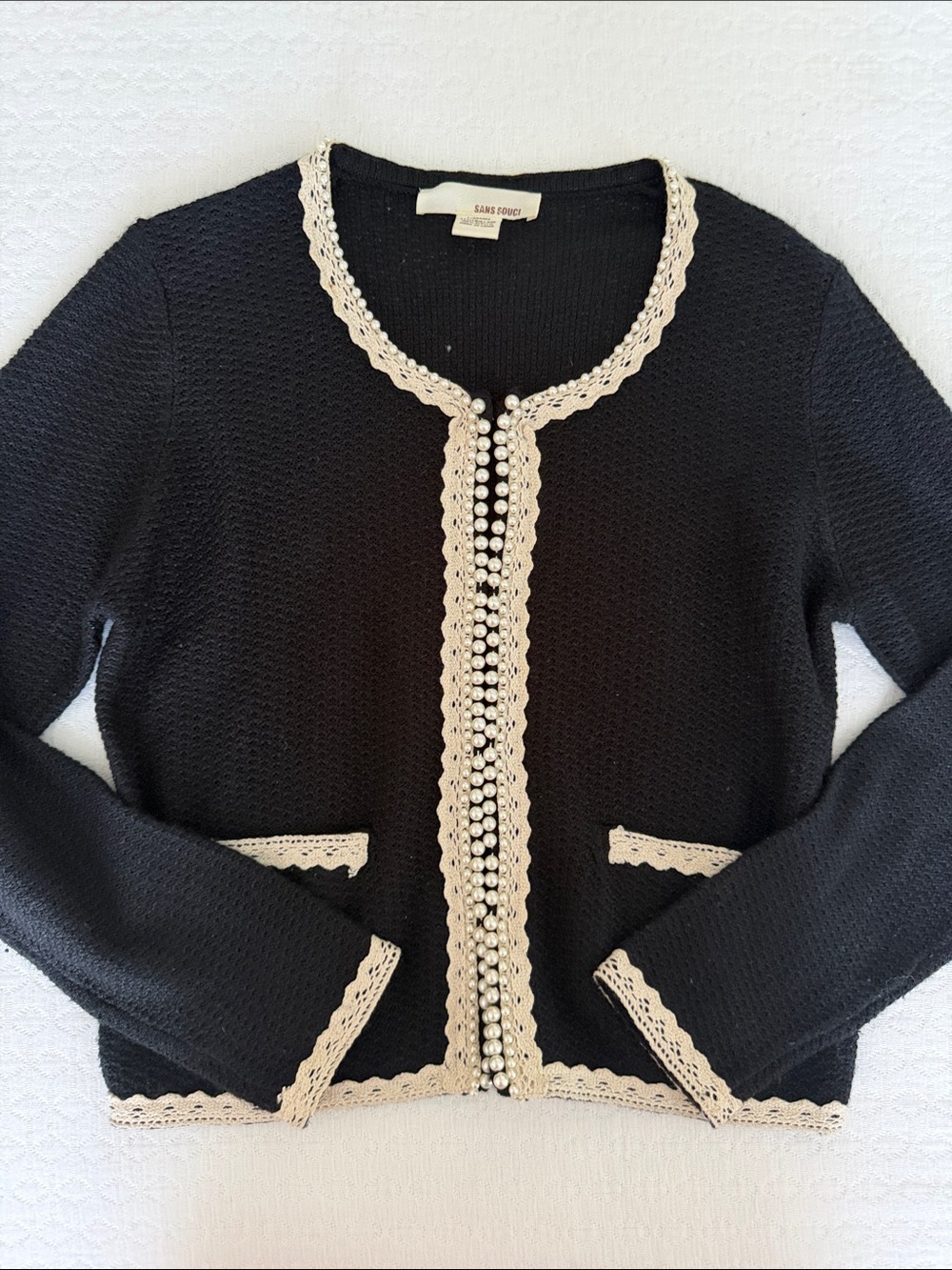 Sans Souci Black Knit Cardigan with Cream and pearl Trim